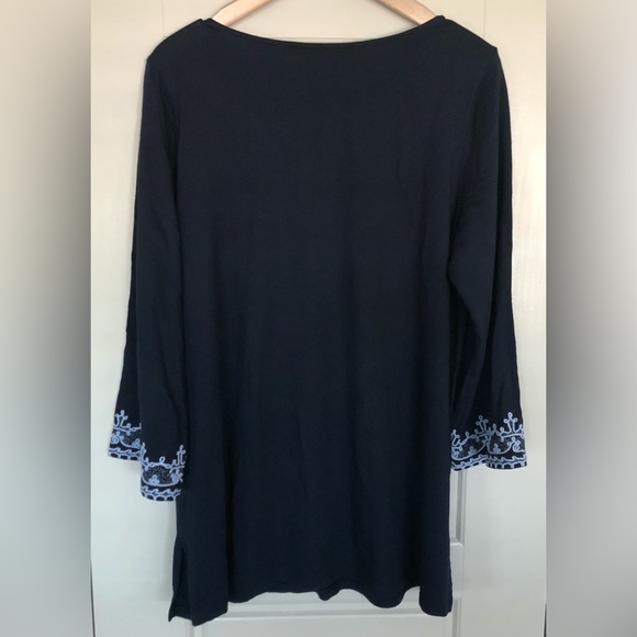 NEW J Jill Navy Blue Embroidered Split Neckline Bell 3/4” Sleeve Modal Tunic Top - Picture 3 of 8